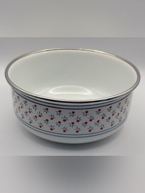 Vintage Kamenstein Enamel Mixing Bowl with Blue Stripes and Red Floral Design